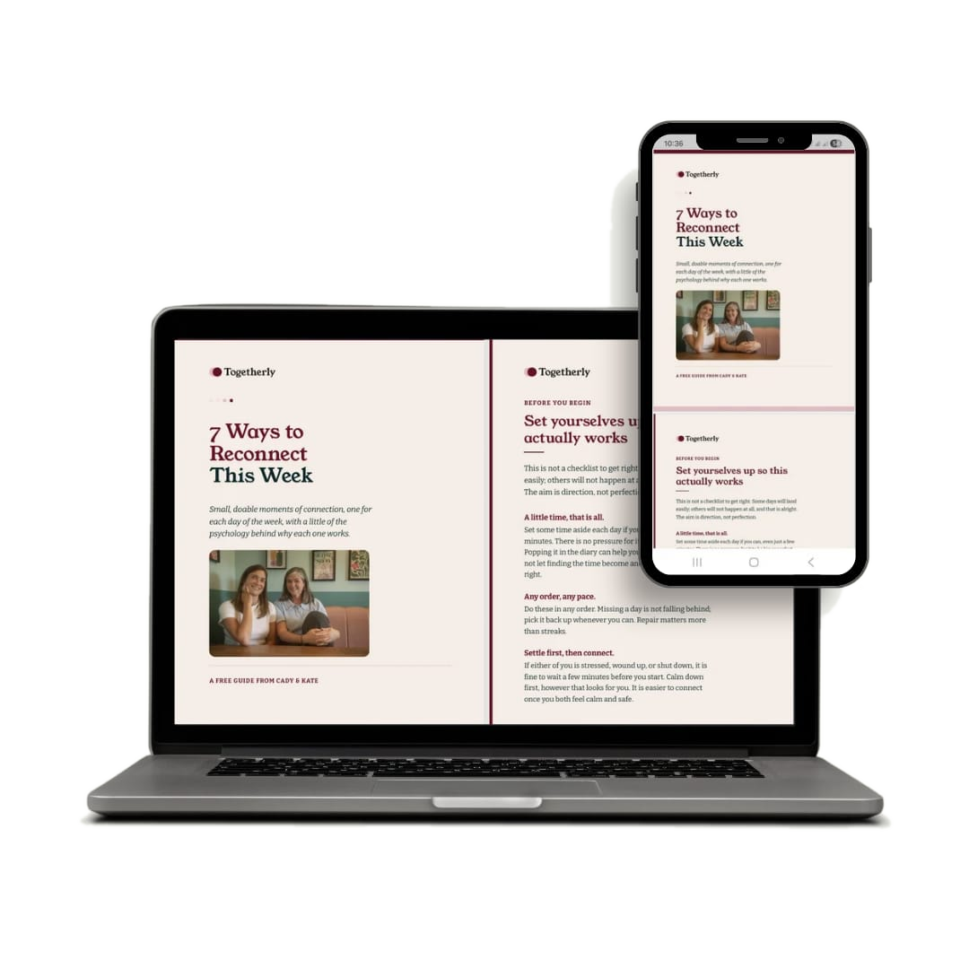 The 7 Ways to Reconnect as a Couple This Week guide shown on a laptop and phone